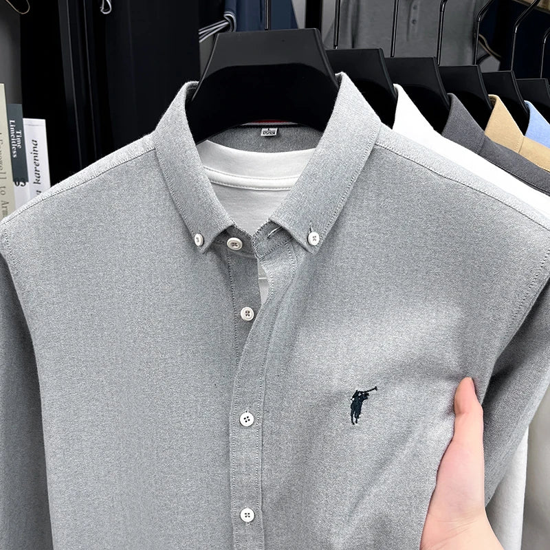 High End 100% Pure Cotton Long Sleeved Men's 2026 Spring Fashion Solid Color Business Casual Small Horse Logo Shirt
