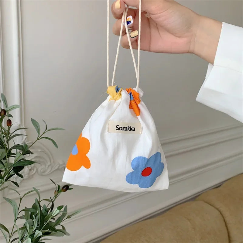 Kawaii Cloth Floral Drawstring Storage Bag Cosmetic Organizer for Women Makeup Handbags Wallet Small Pouch