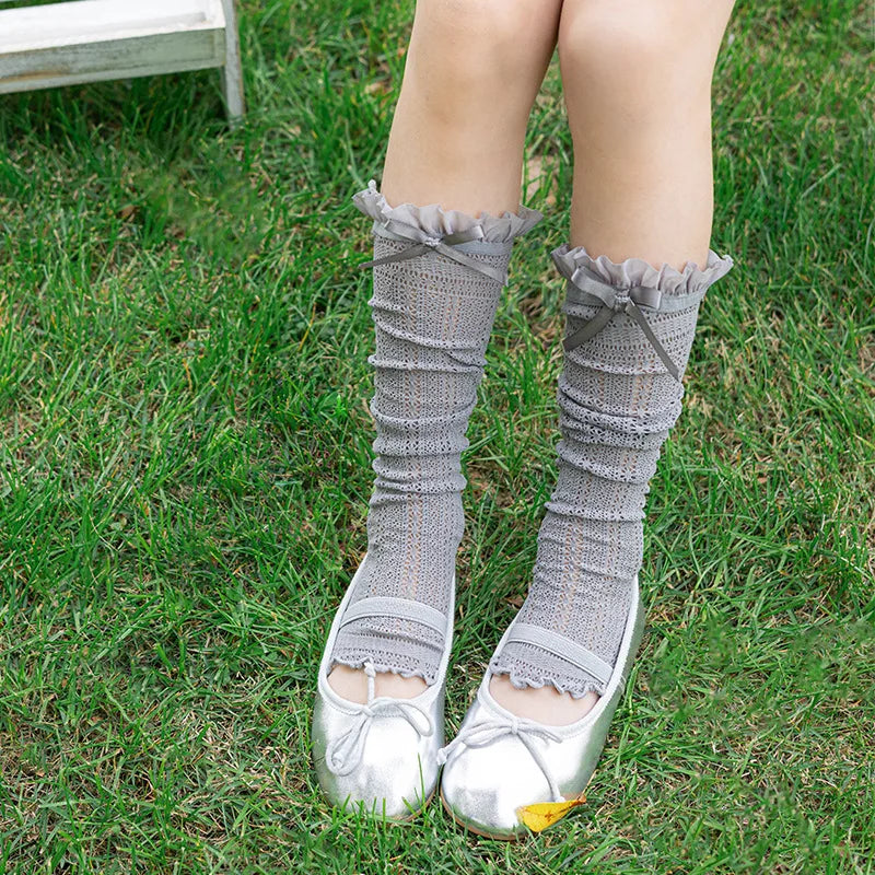 Girls Long Tube Lace Stockings Sweet Bow Jacquard Pattern Mesh Sock Baby Girl Ballet Fishing Net Frilly Socks Lolita Leggings