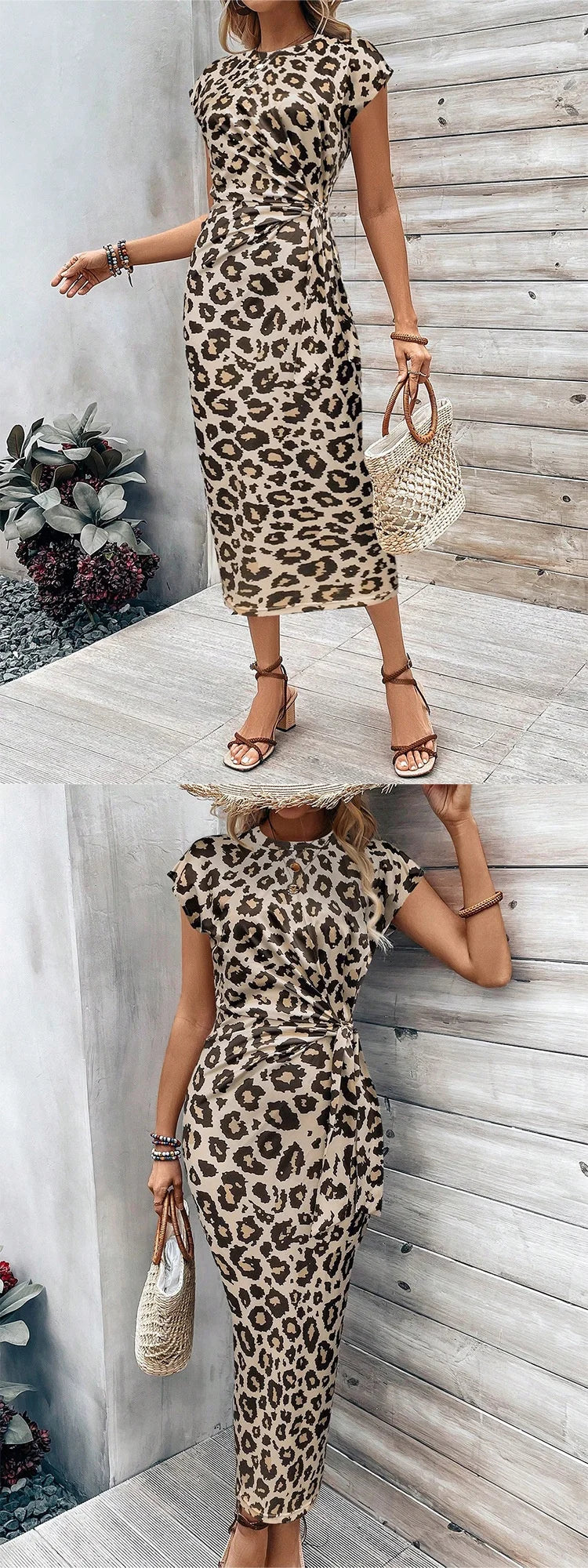 Summer New Leopard Print Short Sleeve Dress Waist-Cinching Commute round Neck Slim Fit Women's Fashion Dress