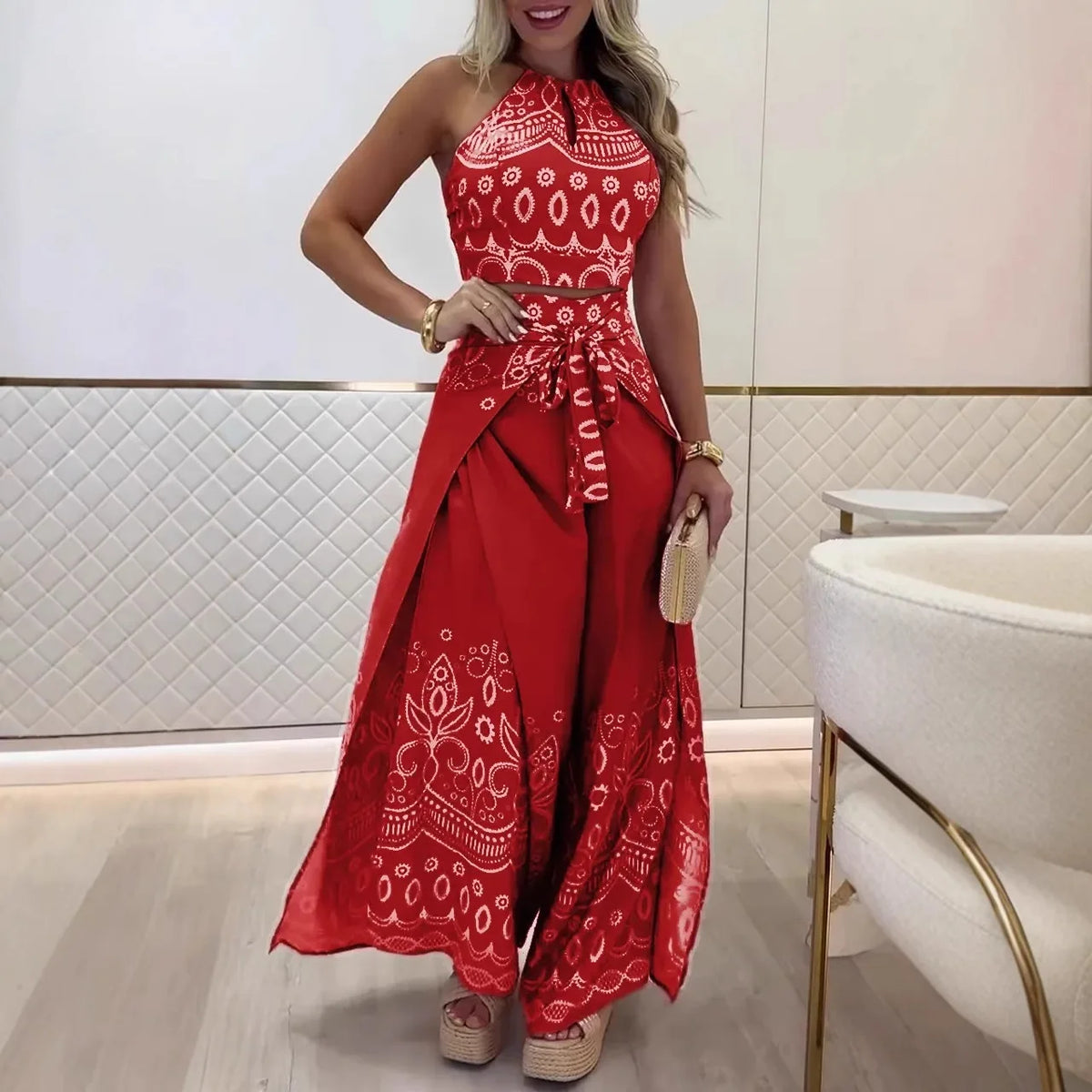 Summer Vintage Halter Top Wide Leg Pants Set Women's Bohemian 2-Piece
