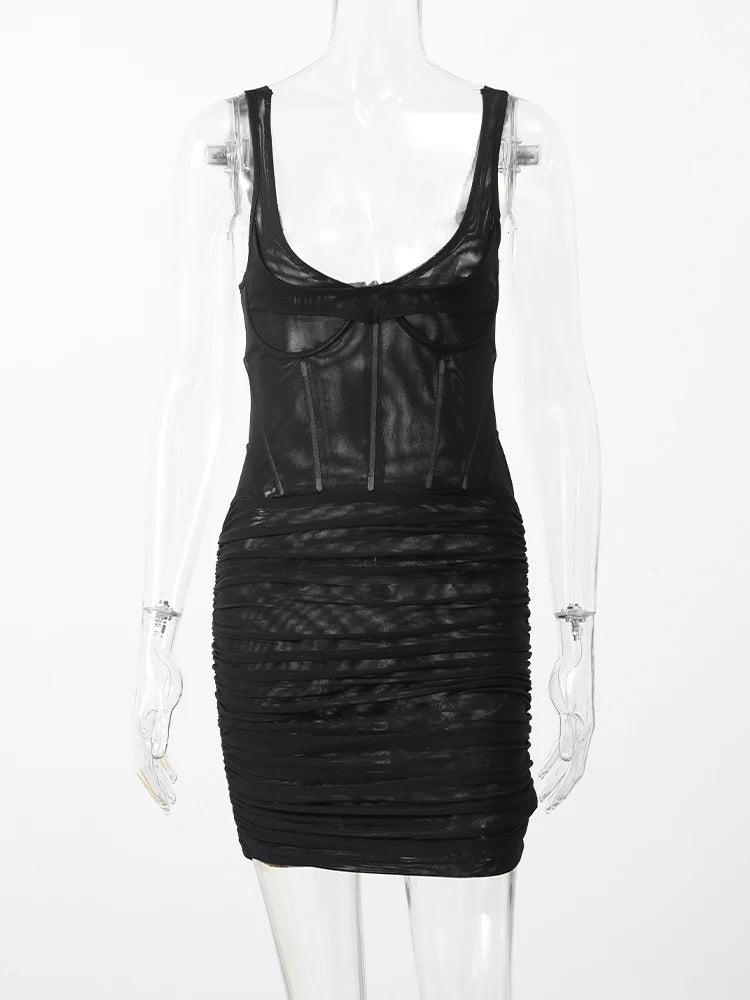 Sexy Slim Fishbone Mini Dresses Women's 2026 Summer Solid V-neck Pleated Sleeveless Bodycon Dress Fashion Lady Party Club Gowns