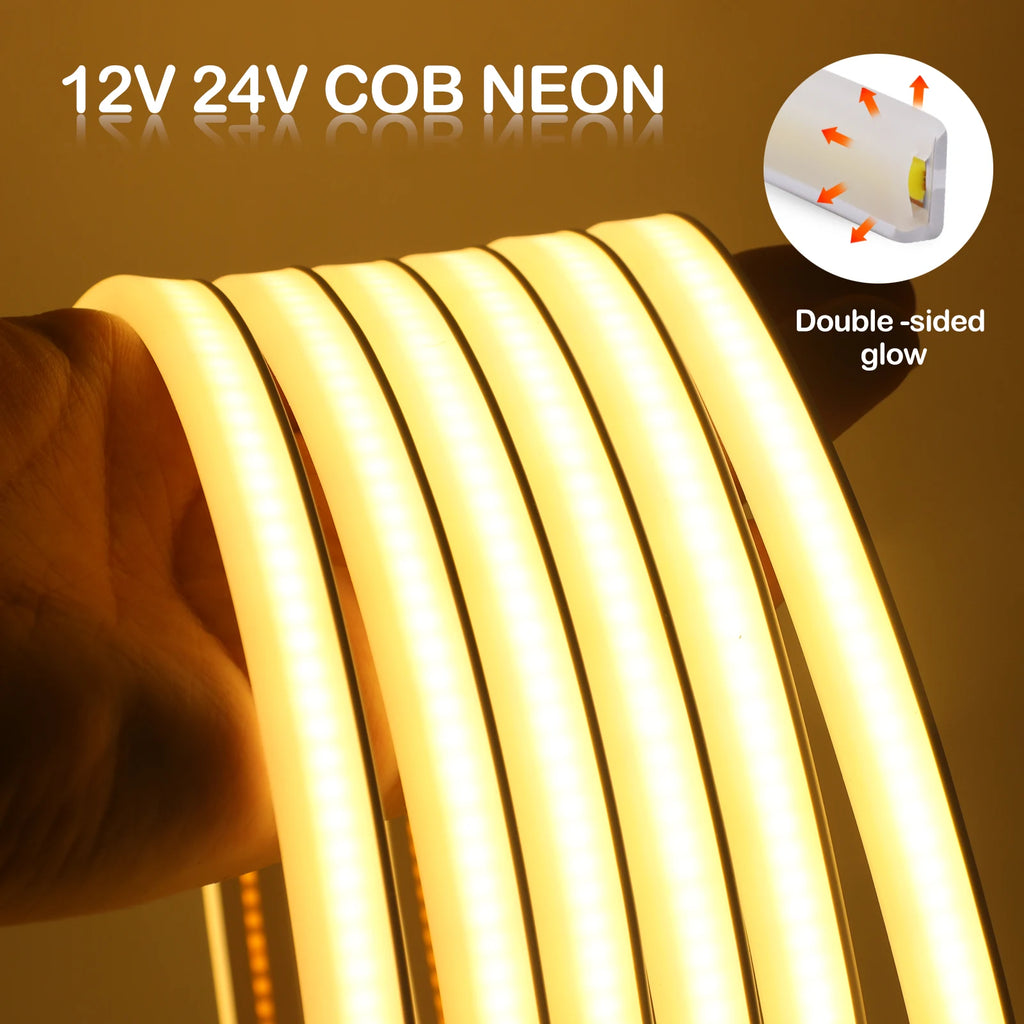 IP65 Waterproof COB LED Neon Strip 12V 24V 320Leds/M for Room Warm/Natural/Cool White Flexible Ribbon LED Light for Garden Decor