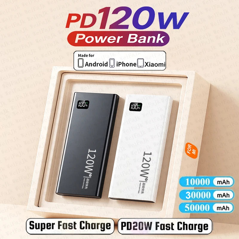 Original 120W Powerbank 50000mAh Mobile External Spare Battery Portable Charger Super Fast Charging For iPhone Xiaomi Power Bank