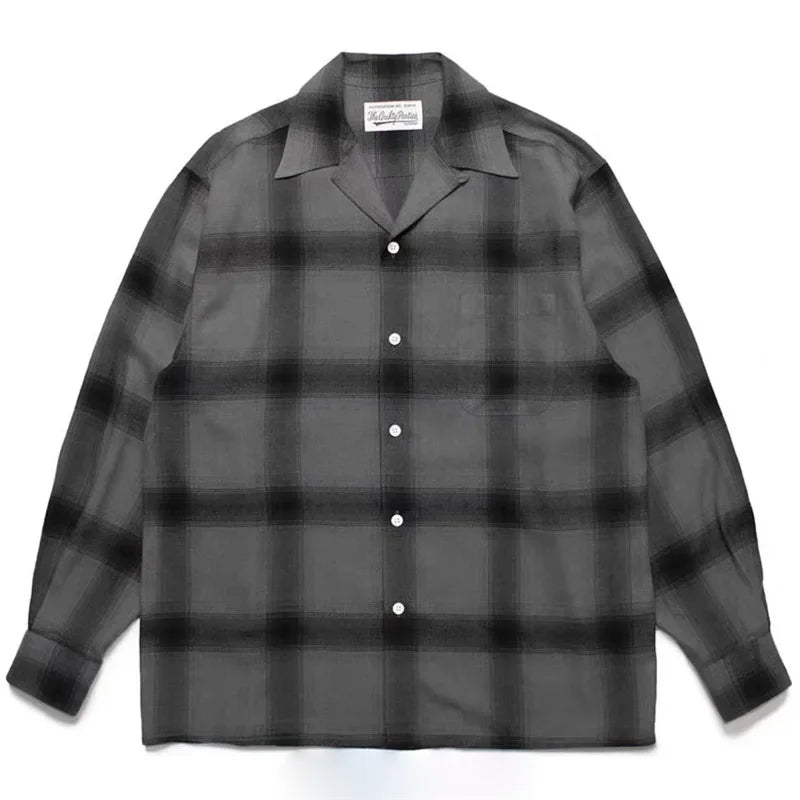 Classic WACKO MARIA Checkered Plaid Shirt Men Women Best Quality Hawaiian Tops Oversized Long Sleeved Shirts Light Purple Gray