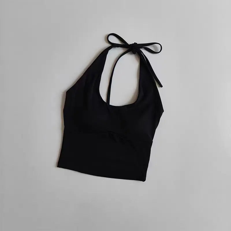 Women Halter Tie Open Back Yoga Tank Top Summer Skin-Friendly Breathable Fixed Padding Sports Bra Gym Fitness Workout Crop Top