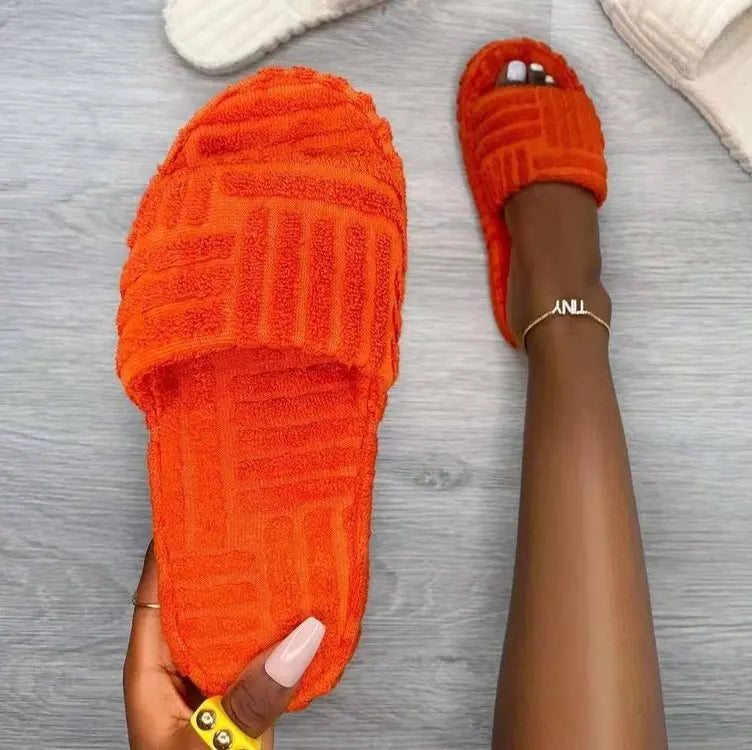 2024 Women New Luxury Brand One-Word Thick-Soled Warm Furry Women's Shoes Embossed Cotton Drag Outdoor All-Match Casual Slippers