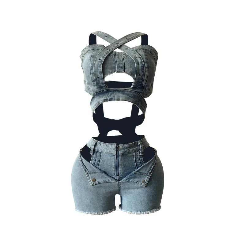 Sexy Jean 2 Piece Sets Women Outfit Summer Clothes Women 2024 Strapless Hollow Out Vest Top + Shorts Sets Street Denim Woman Set