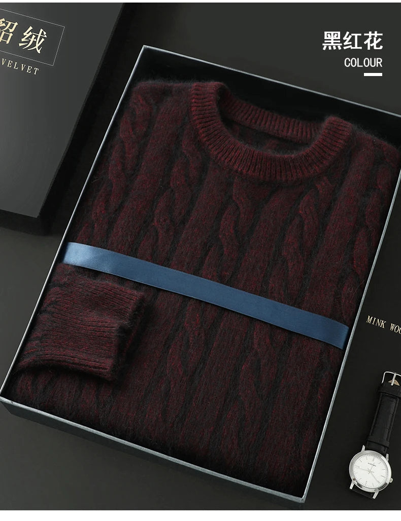 Men's Round Neck Pullover Sweater For Autumn Winter 100% Pure Mink Cashmere Knitted Sweater, Casual Long Sleeved Thick Warm Base