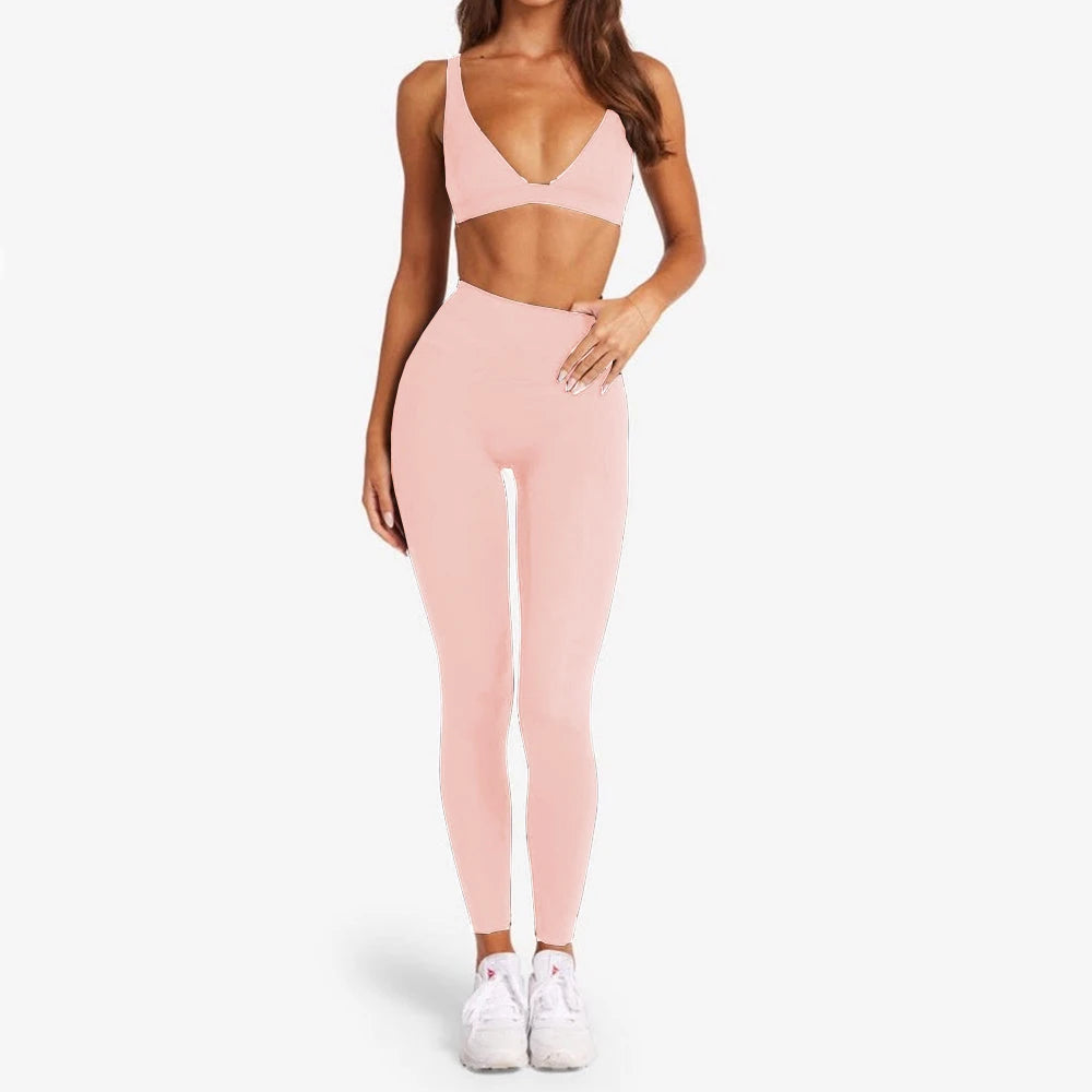 2PCS Nude Deep VNeck Sport Bra Women Yoga Sets Workout Gym Scrunch High Waist Fitness Push Up Shorts Running Avtive Suit XP187