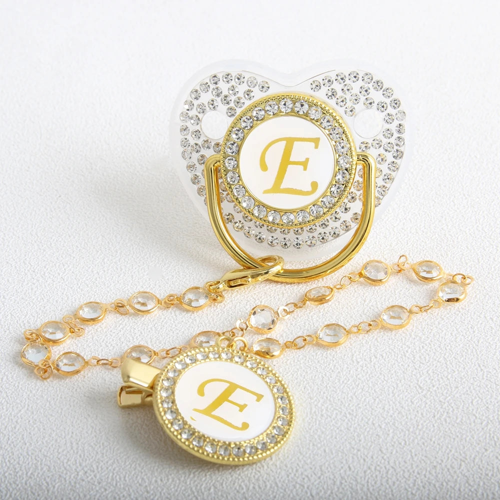 Transparent 26 Initial Letter Luxury Baby Pacifier with Chain Clip Newborn Bling Dummy Soother Chupeta