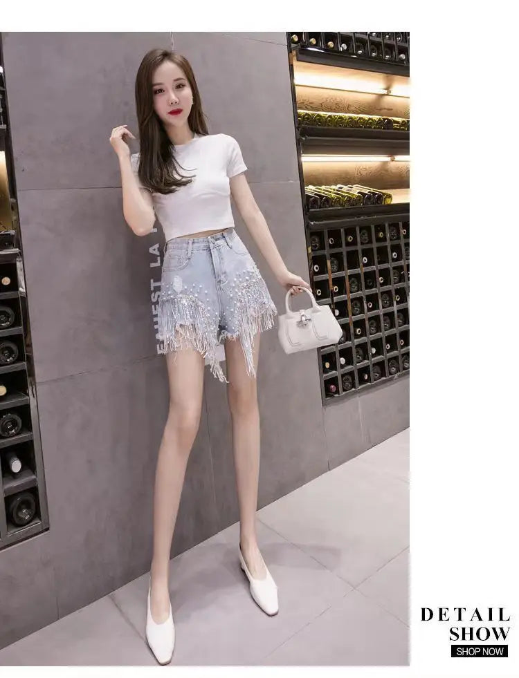 2026 Summer New Personalized Denim Shorts for women's High waisted Diamond Studded Heavy industry Sequin Tassel Fashion Shorts