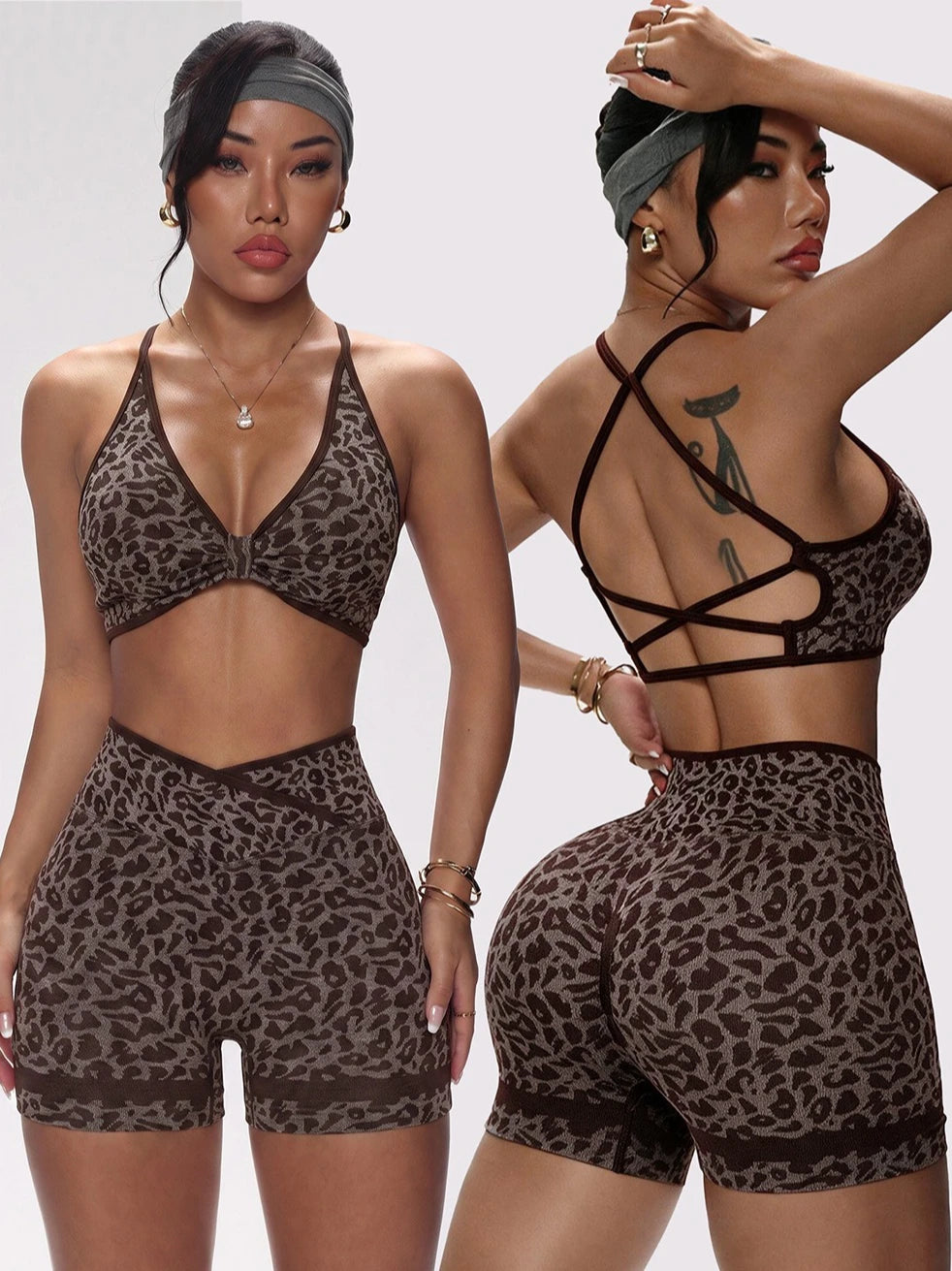 Women Seamless Leopard Print Yoga Outfit Cross Back Sports Bra and Biker Shorts 2 Piece Set Gym Workout Fitness Active Wear