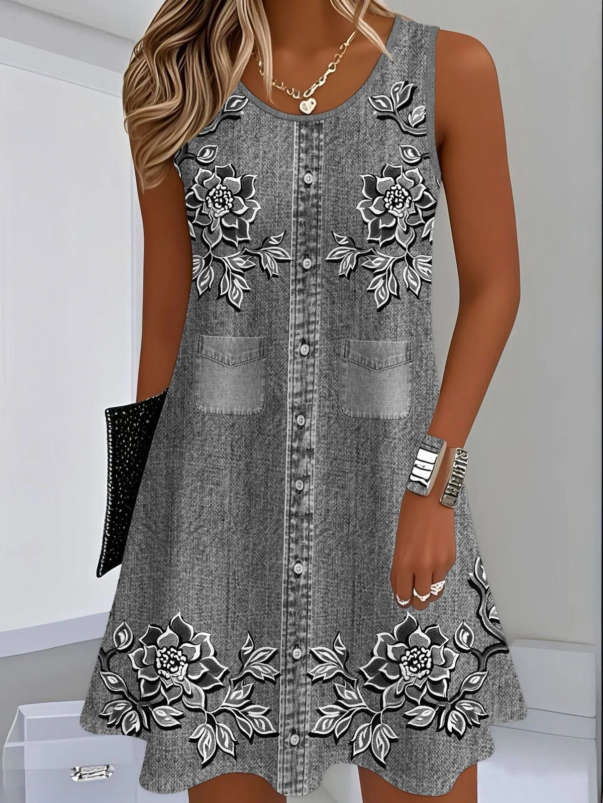 Women's Casual Summer Dress Sleeveless Loose Fit Round Neck Pullover Mid Length 3D Print for Women Beach Camping Hiking Outfit