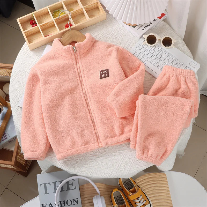Plush Sets Children Autumn Winter Warm Fleece Suits Baby Thickened Cardigan Top+Pants 2Pcs Outfits Boys Girls Homewear Clothing