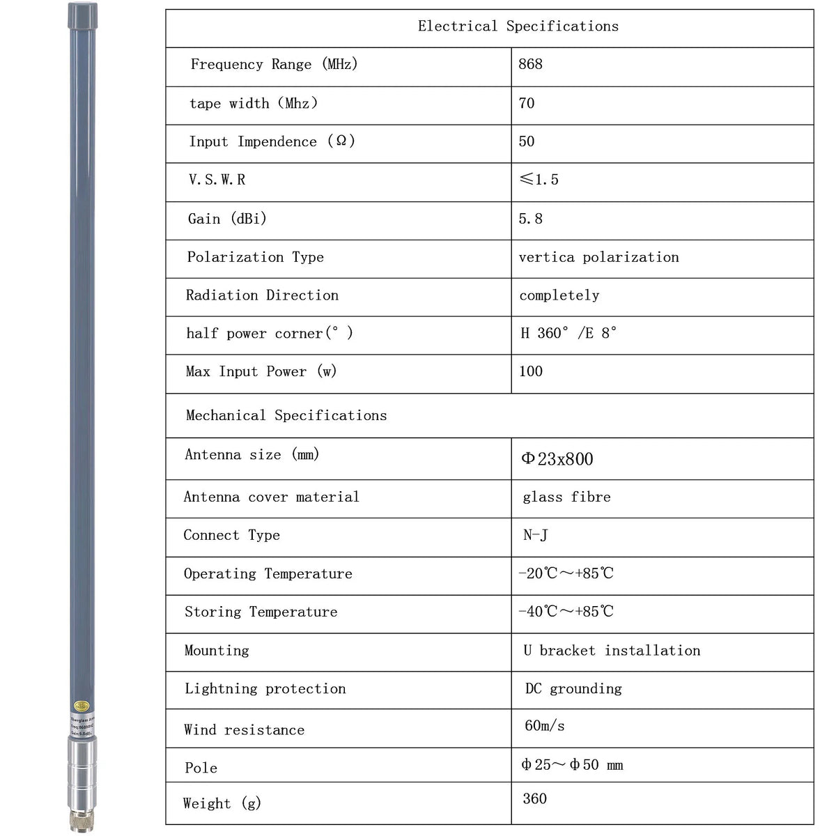 868MHz LoRa Antenna 5.8dBi Outdoor Fiberglass Aerial Omni-Directional Antenna FRP Antenna with N-type Male plug