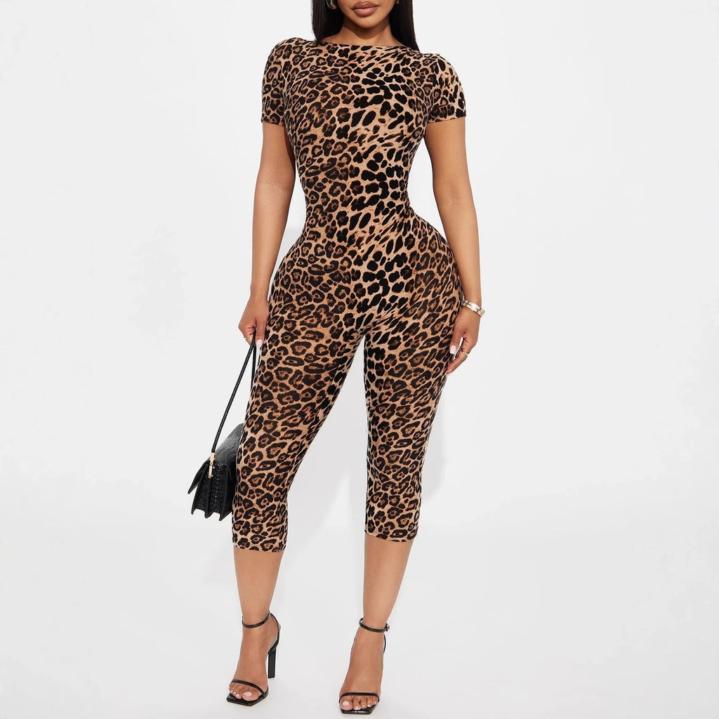 Custom LOGO women's clothing 2025 summer new leopard print short-sleeved backless slim-fitting fashion jumpsuit