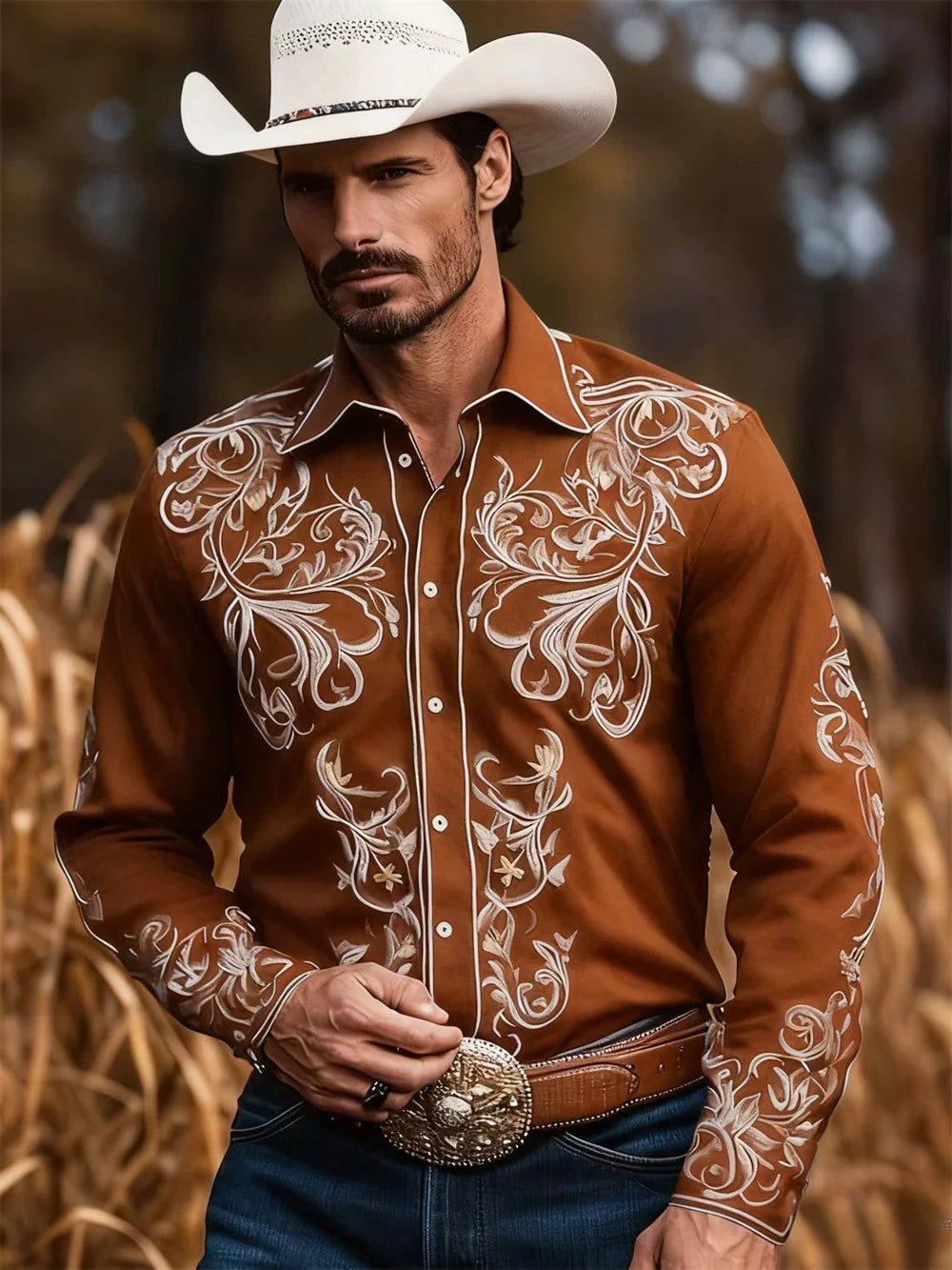 Men's Western Cowboy Style Casual Shirt with 3D Digital Printing Pattern, Vintage Holiday Casual Button Shirt