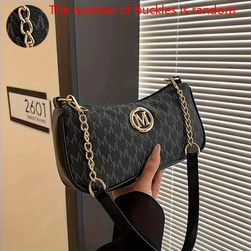 Women Vintage M Monogram Shoulder Bag Gold Chain PU Leather Crossbody Baguette Bag Casual Underarm Handbag For Ladies Daily Use