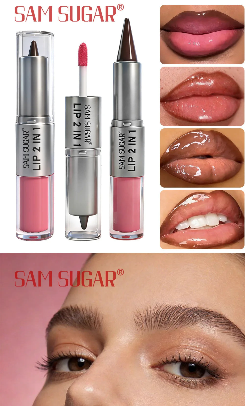 2 in 1 Lip Liner & Lip Gloss, Dual Ended Hydrating Non Stick Lipstick, Matte Velvet Outline Crayon with Shiny Plumping Lip Glaze
