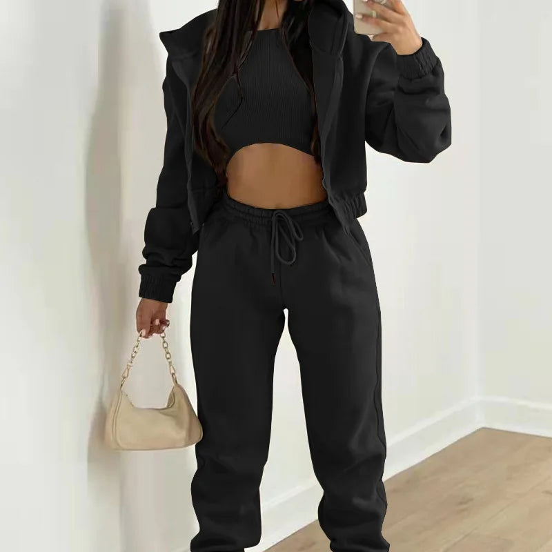 Ladies Tracksuit Zippered Hooded Jogger Tracksuit Thermal Lined Trousers Tracksuit Fashionable Athleisure Cozy Ensemble