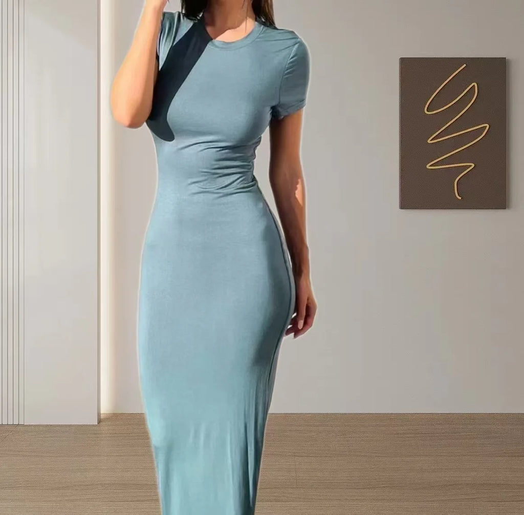 Sexy Skinny Women's Bodycon Party Casual Fashion O-neck Short Sleeve Solid Color Wraped Hip Package LongFemale Sexy Fit Dresses