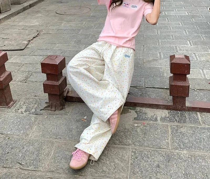 Korean Vintage Stars Print Letter Cargo Pants Women Fashion High Waist Wide Leg Trousers Casual Loose Preppy Style Female Pants
