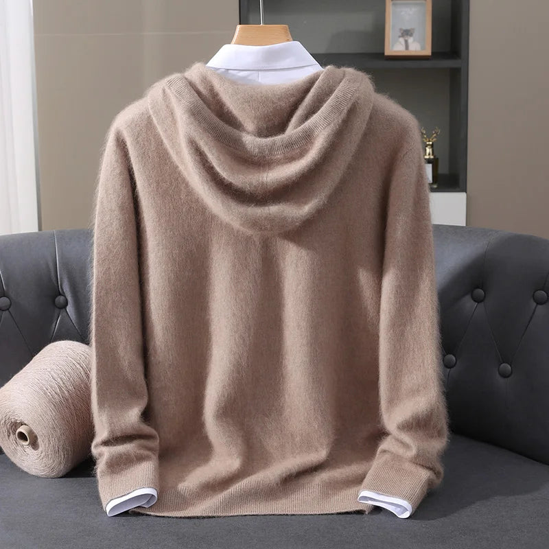 LHZSYY 100% Pure Mink Cashmere Hooded Sweater Men's Hooded Knitted Pullover Business Casual Loose Hoodie Autumn Bottoming Shirt