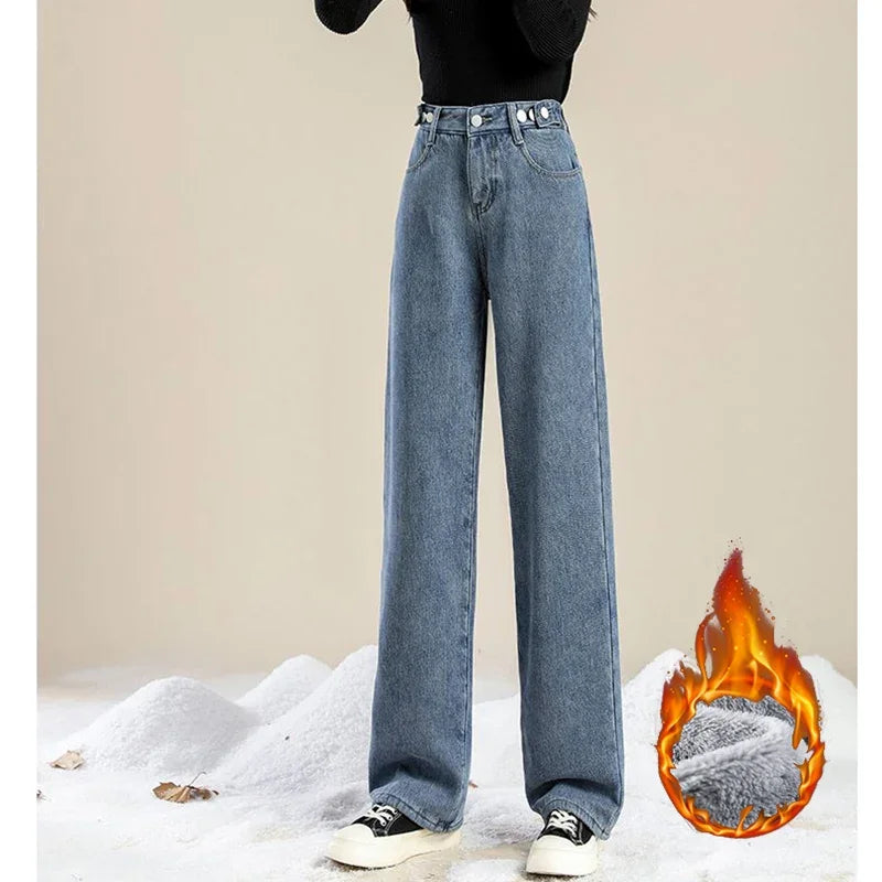 Hot Sale Winter Lady Thermal Plush High Waist Jeans Girls Snow Warm Denim Pants Women Classic Fleece Straight Leg Trousers