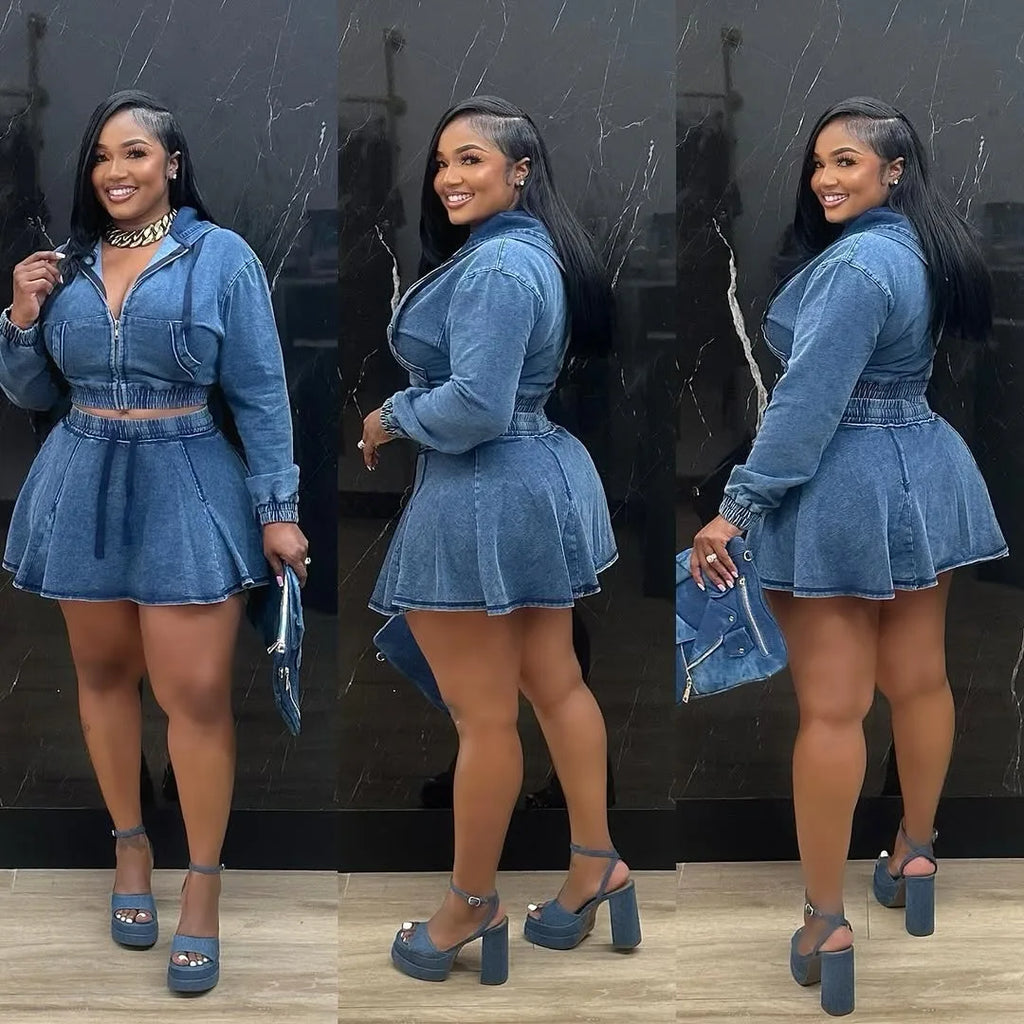 New TS1325 Women's Casual Washed Denim Short Skirt Set Fashionable Autumn Season Leisure Style Unisex Work Uniform Student Sc...