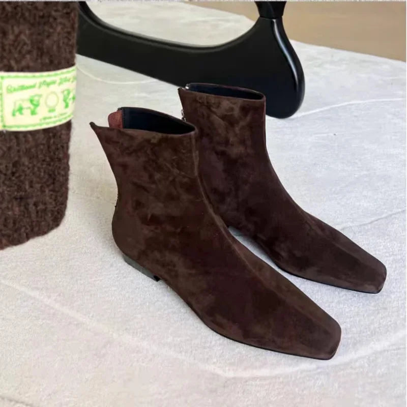 Autumn and Winter Retro Brown Ankle Boots Women Suede Warm Short Boots 2025 Trend Square Toe Low Heels Snow Boots Mujer Zapatos