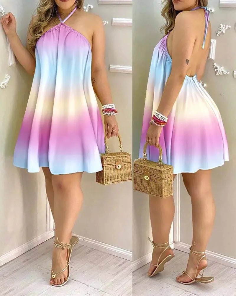 Summer Women Tropical Plant Print Halter Backless Mini Dress Loose Flowy A Line Beach Sundress Holiday Casual Short Dress