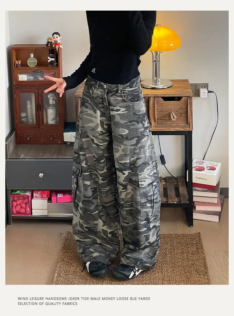 PFNW Camouflage Men Wide-Leg Cargo Pants 2025 Autumn New Trendy Contrast Color High Street Male Trousers