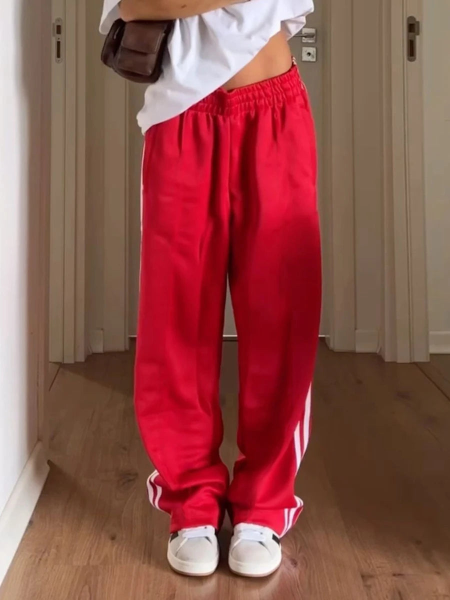 New Fashion Womens Striped Pants Loose Elastic Waist Drawstring Straight Leg Casual Sweatpants With Pockets Streetwear S M L