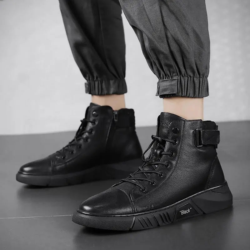 Men's Breathable Leather Casual High Top Leather Shoes Casual Men's Shoes Desert Boots British Style Black Leather Boots - Beauty
