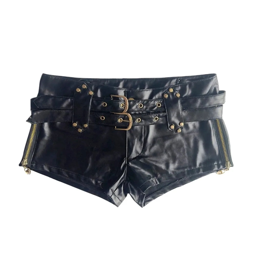 Fashionable Pu Leather Belt Ultra Shorts Boots Low Waist Spice Girl Y2k Dressing Shorts Sexy Vintage Short Pants Women's