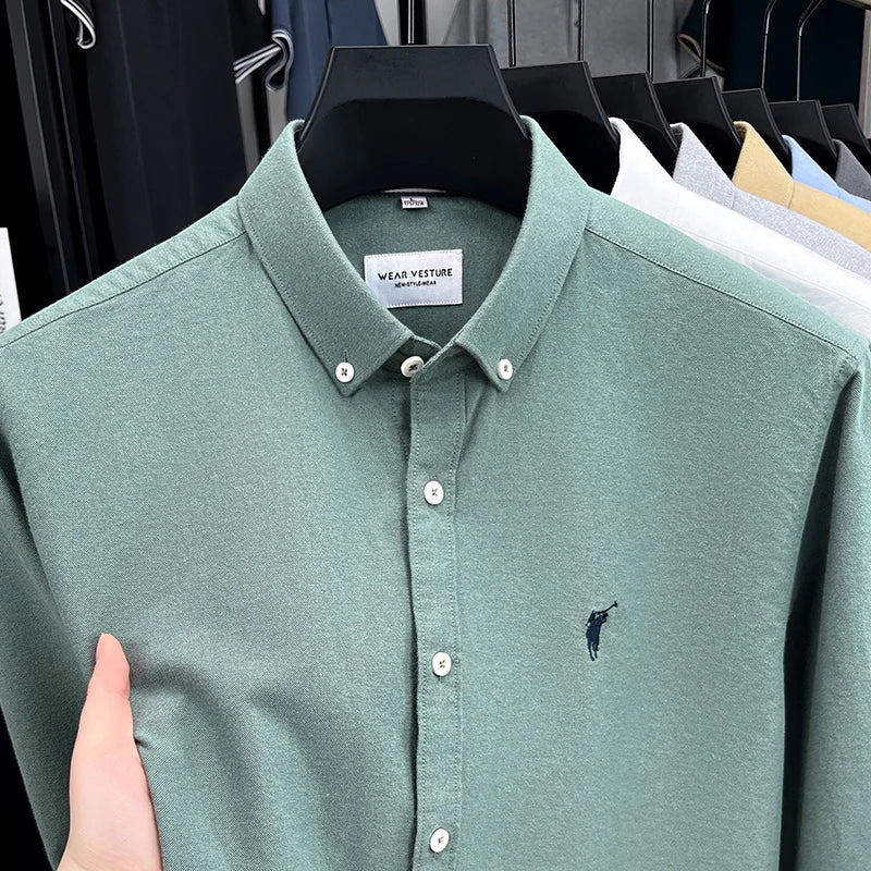 High End 100% Pure Cotton Long Sleeved Men's 2026 Spring Fashion Solid Color Business Casual Small Horse Logo Shirt