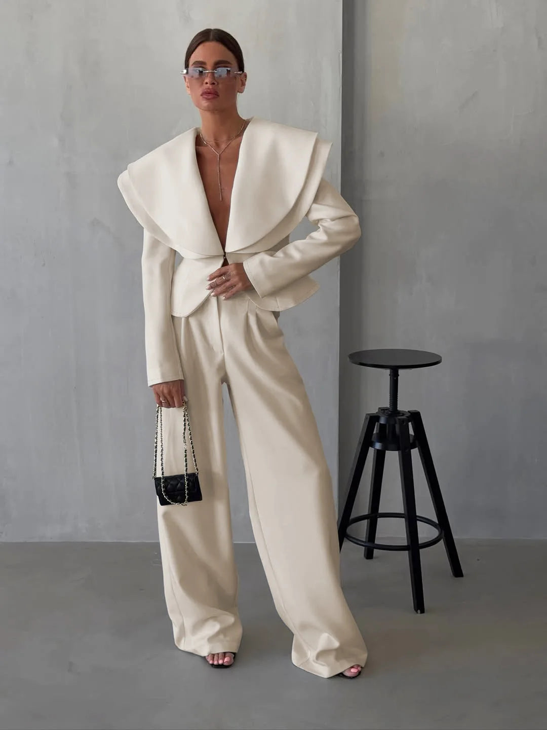 Chic Big Lapel Coat Pants Women Set Elegant Full Sleeve Single Breasted V-neck Straight Loose Trousers Solid Autumn Fashion Set