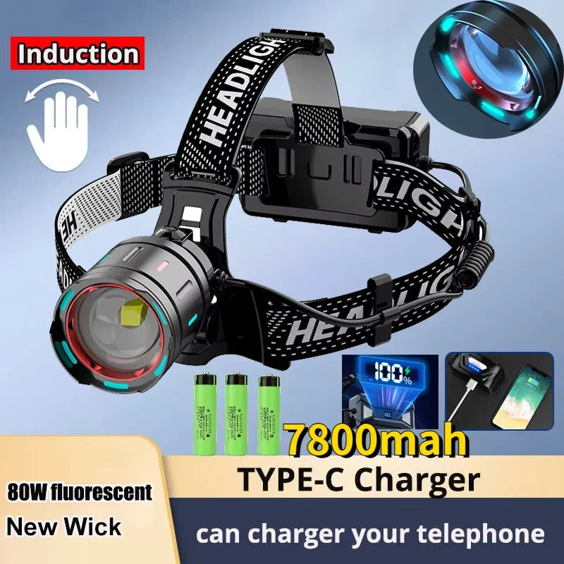 100000LM Powerful Headlamp 1000W Led Sensor Head Flashlight High Power Headlight 18650 Rechargeable Head Lantern Fishing Camping
