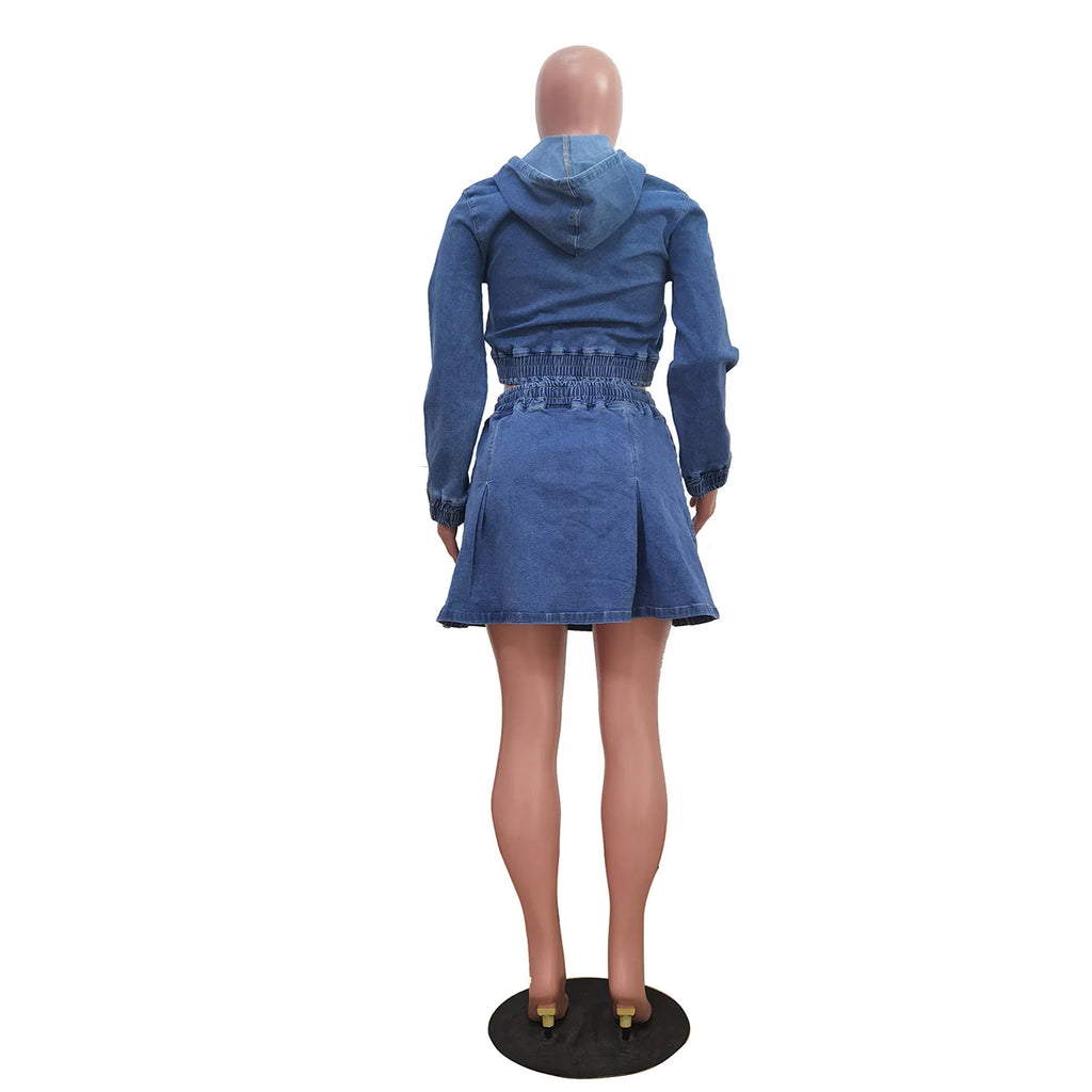 New TS1325 Women's Casual Washed Denim Short Skirt Set Fashionable Autumn Season Leisure Style Unisex Work Uniform Student Sc...