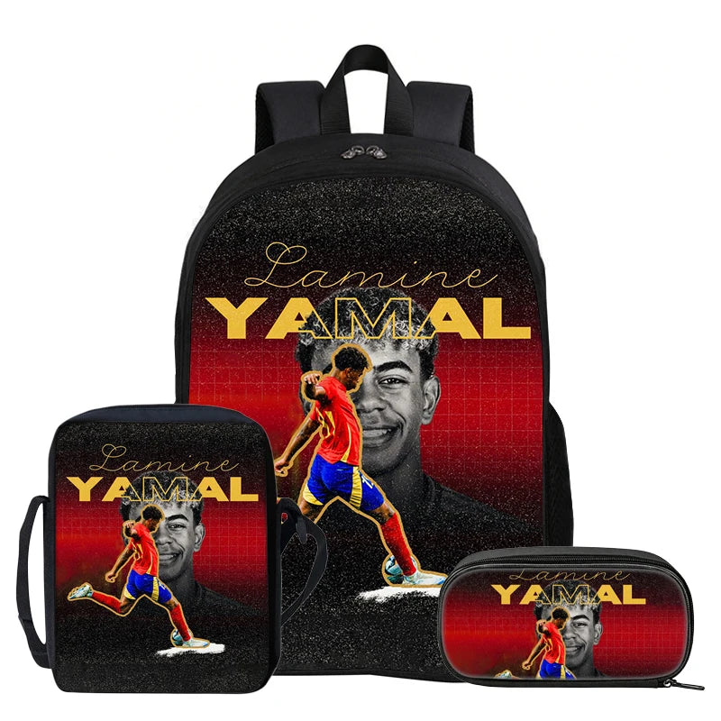3Pcs Set Kids Backpack Football Sport Bookbag Football Star Rucksack L-Lamin Yamal Student School Shoulder Bag,Pencil Bags