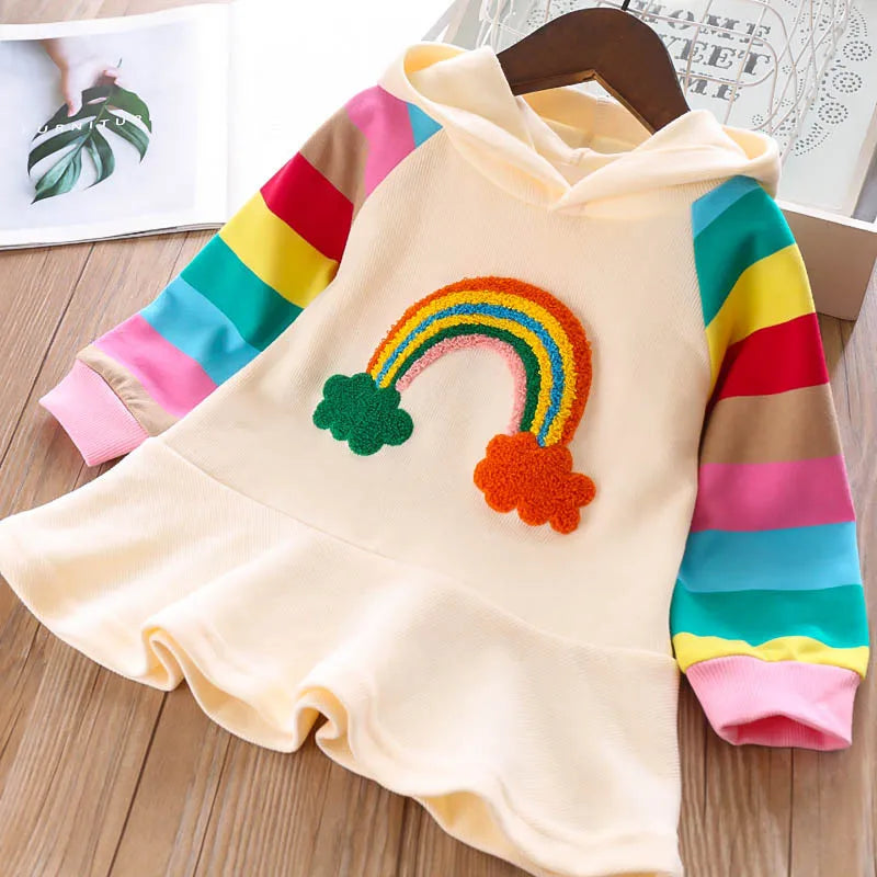Bear Leader Autumn New Rainbow Printed Long Sleeve Hooded Dress Fashion Casual Sports Girls' Clothing Color Blocked Girls Dress