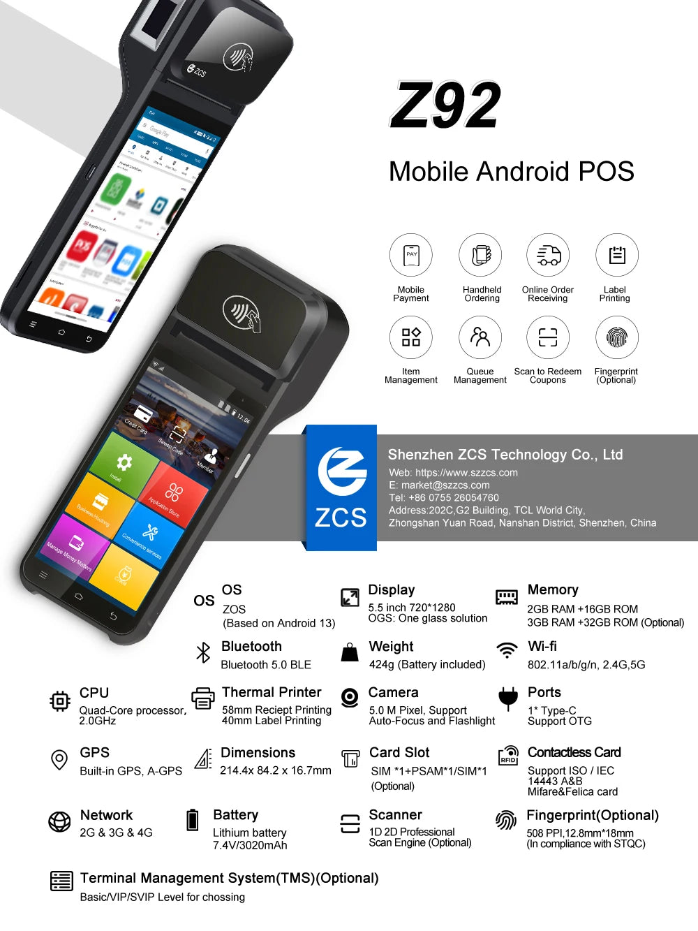 Android 13/14 Handheld POS Terminal PDA Printer 58/80mm Portable Receipt Thermal Printer NFC All-In-One POS System Ticket Maker