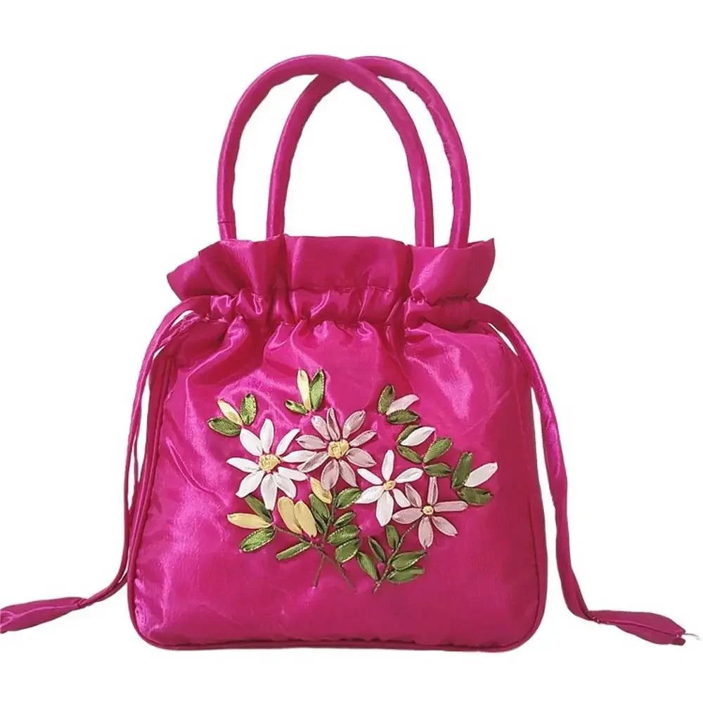 Retro Elegant Satin Silk Embroidery Totes for Women Floral Drawstring Handbag Hanfu Woman Purse Wallet Small Tote Bags