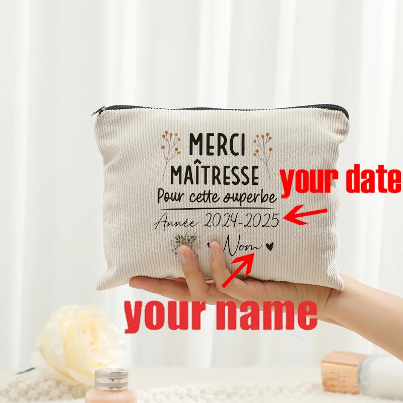 Personalized Floral Maitresse Appreciation Cosmetic Bag Custom Name Toiletry Case Gift for Educators End of School Year Present