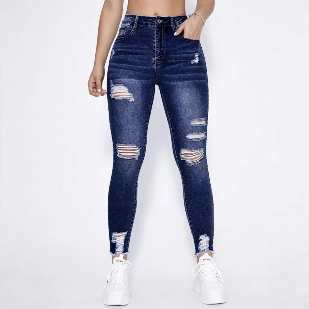 New In Women Fashion Mid Waist Ripped Hole Jeans Casual High Street Denim Pants Sexy Frayed Slim Fit Pencil Pants for Women