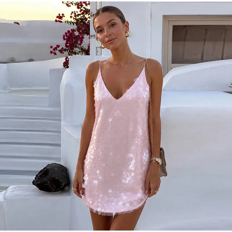 Sexy Lace Sequined Patchwork Dress Women Solid Sling Hollow Out Female Mini Dresses 2026 Summer Autumn Beach Fashion Lady Robe