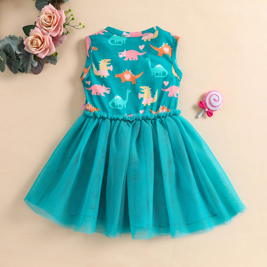 Summer 1-5 Years Little Girl Princess Dress Clothing Baby Girl Sleeveless Dinosaur Print Mesh Dress For Kids Girl Party