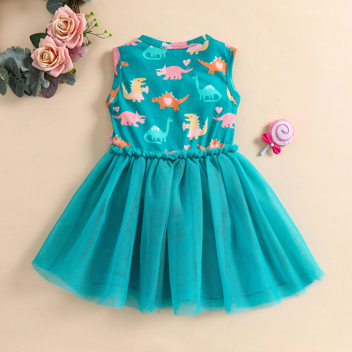 Summer 1-5 Years Little Girl Princess Dress Clothing Baby Girl Sleeveless Dinosaur Print Mesh Dress For Kids Girl Party