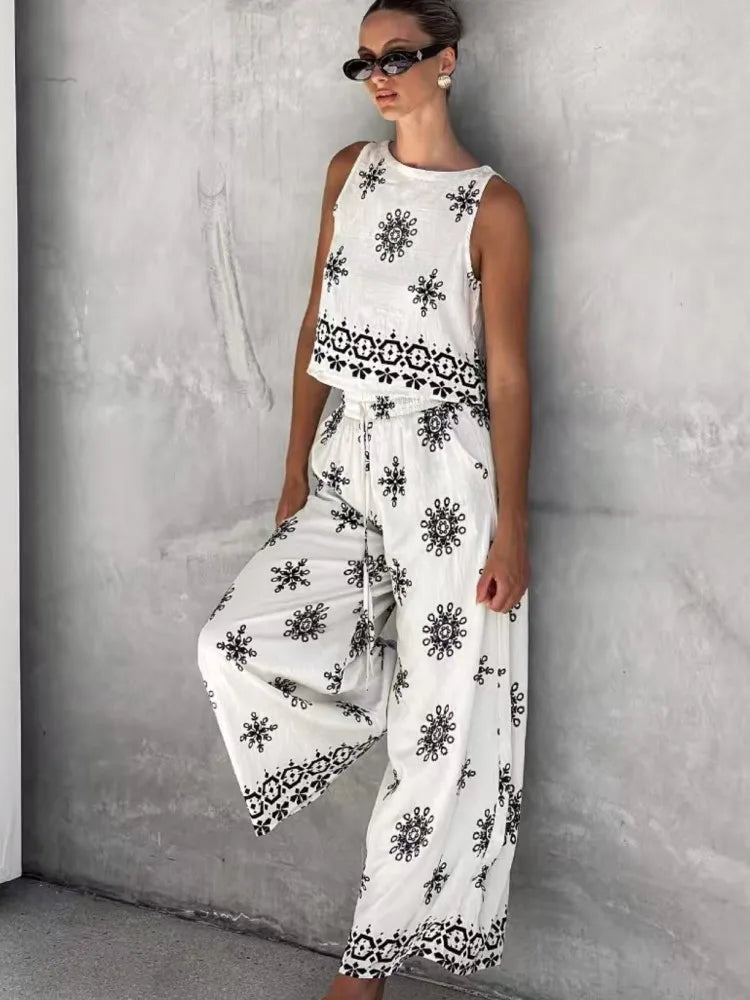 Women's Casual Pant Sets 2026 Summer Fashion Printed Streetwear Sleeveless Tank Tops Waist Loose Wide Leg Pants 2 Piece Sets